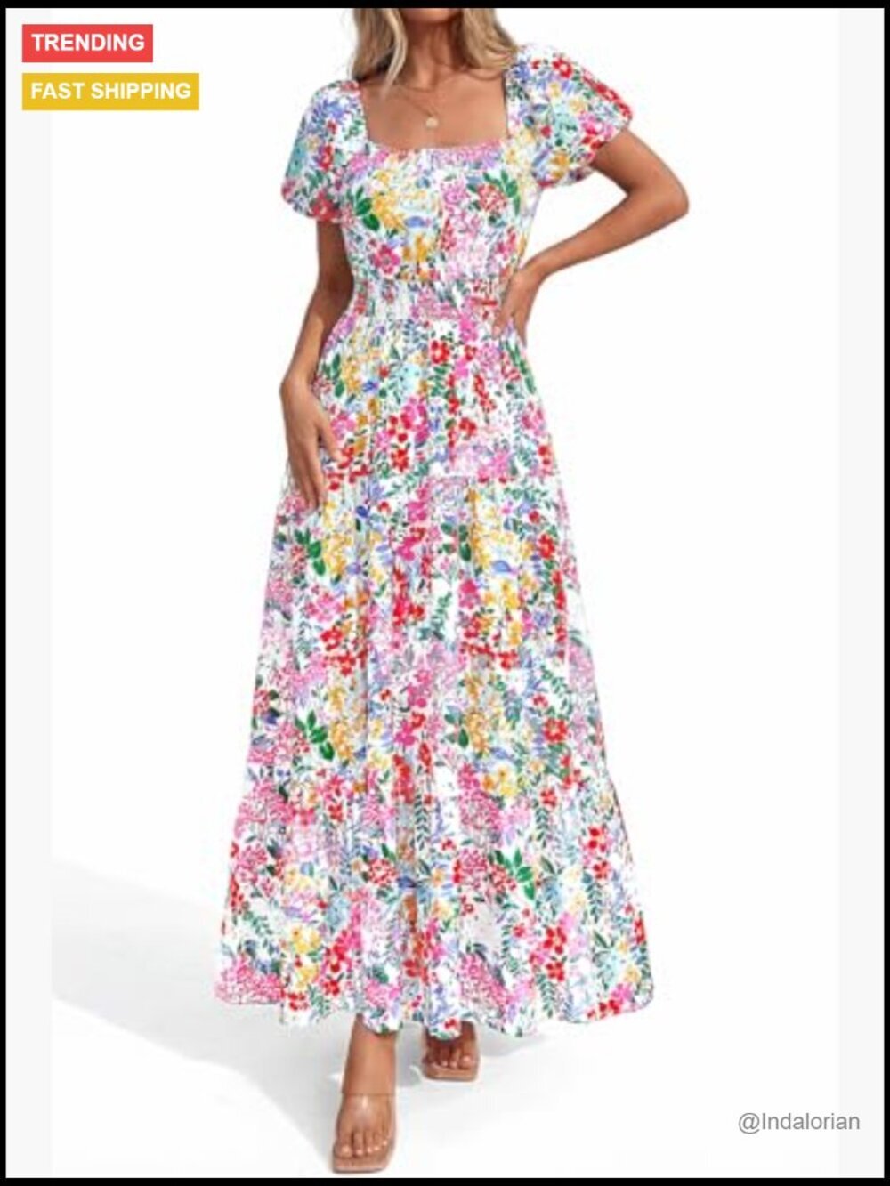Polyester Maxi Dress with Puff Sleeves Square Neck Smocked Tiered Pockets - Picture 6 of 7